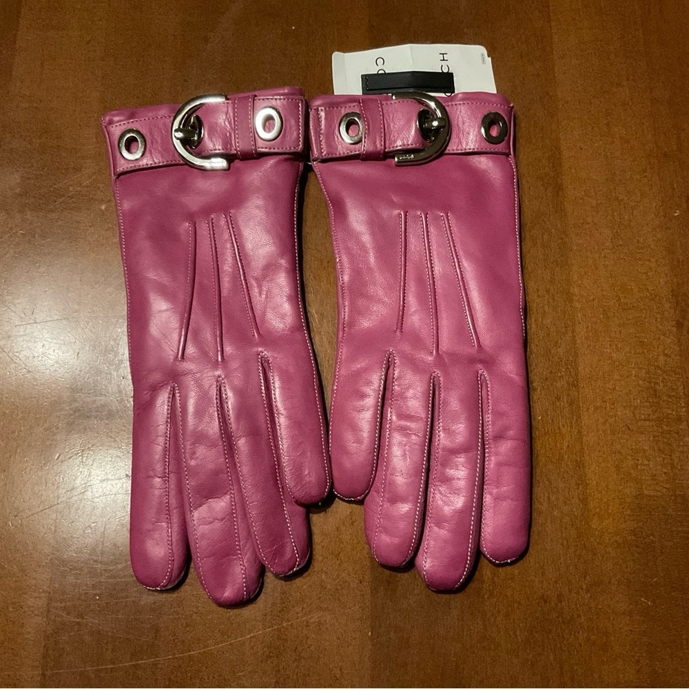 Coach Fuchsia Leather Gloves with Silver Buckles
